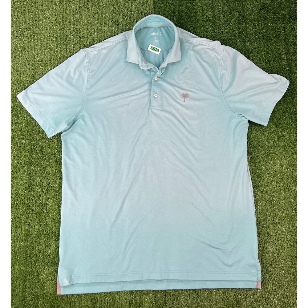 Johnnie-O Mens Large Light Blue Performance Golf Polo Shirt Palm Tree Logo